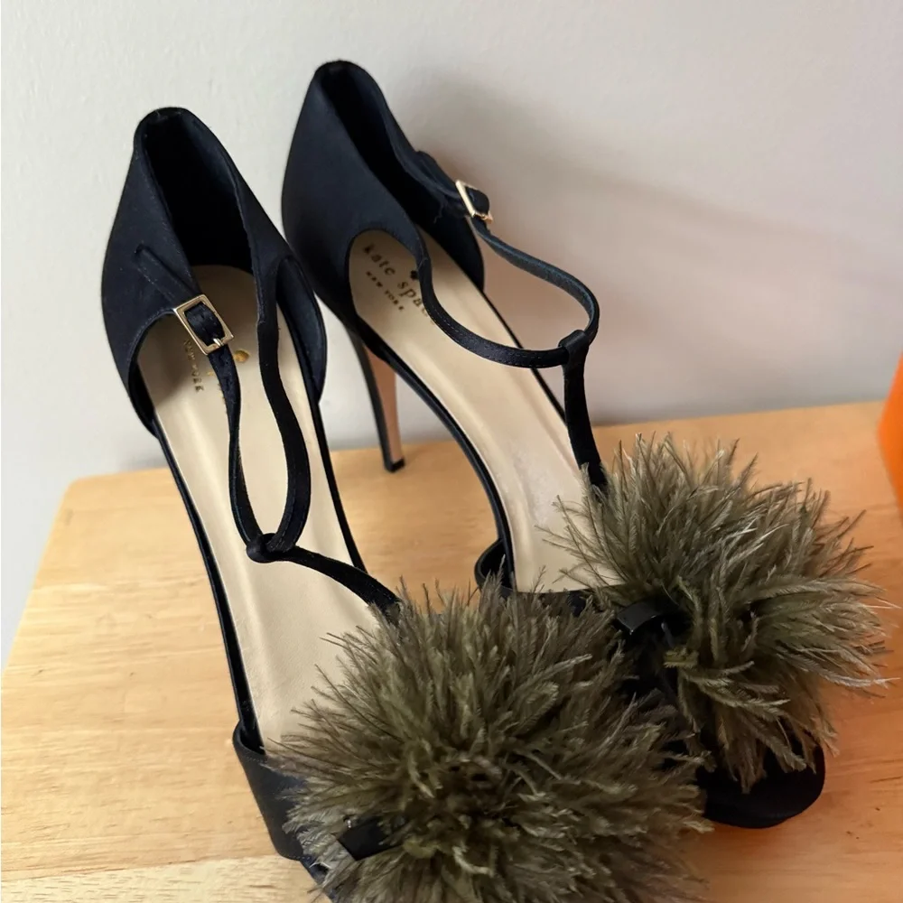 kate spade Black Satin Heels with T-strap Design and Feather Pom-pom Decoration - Picture 1 of 4